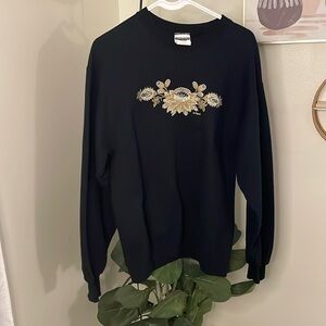 Vintage Black Floral Jerzees Embroidered Original Crewneck Womens Medium